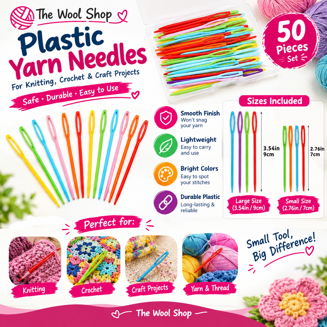 Plastic Yarn Needles – Small & Large | Knitting, Crochet & Craft Needles | 20% Off 50-Piece Pack