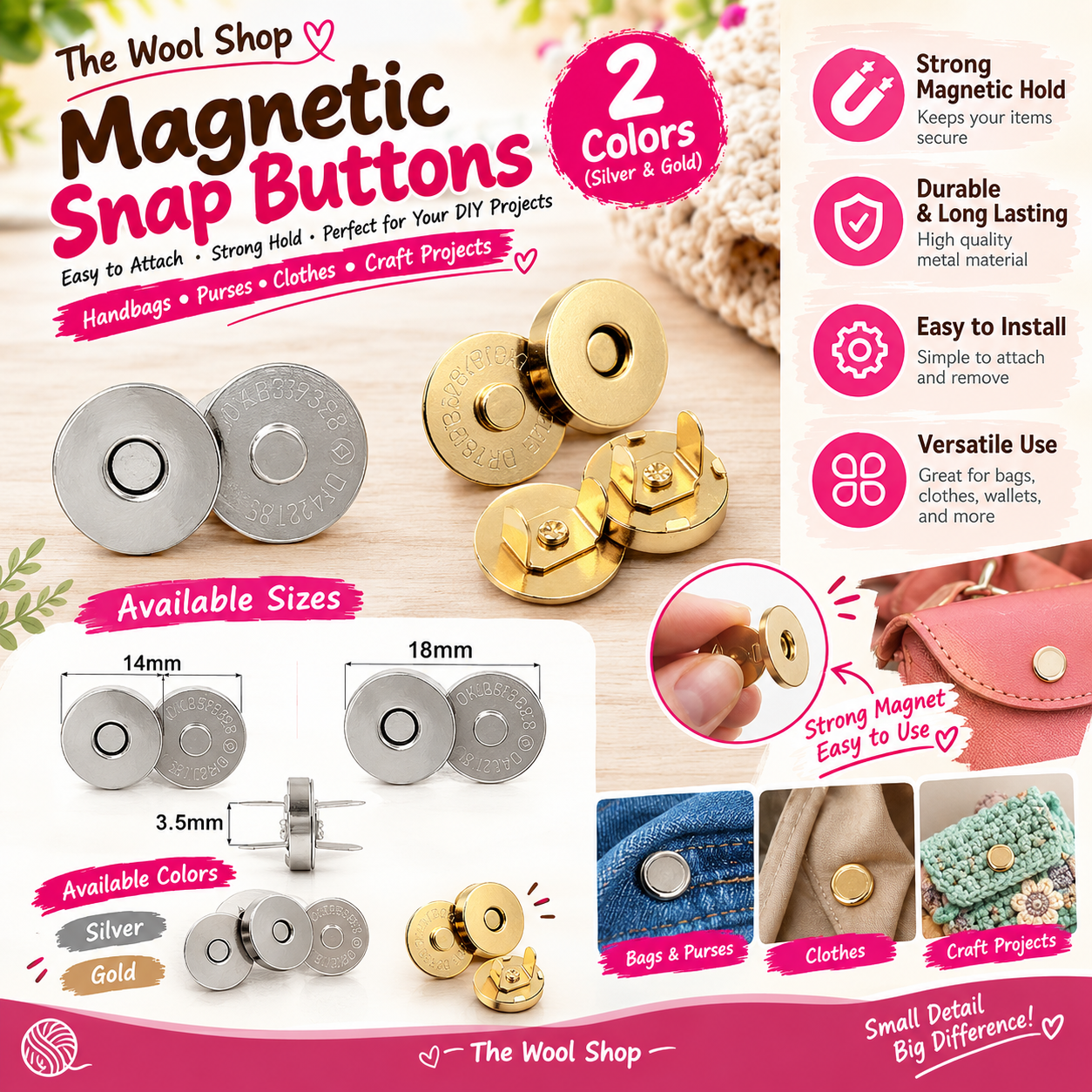 Magnetic Snap Buttons for Bags, Clothes & Craft Projects | Silver & Gold