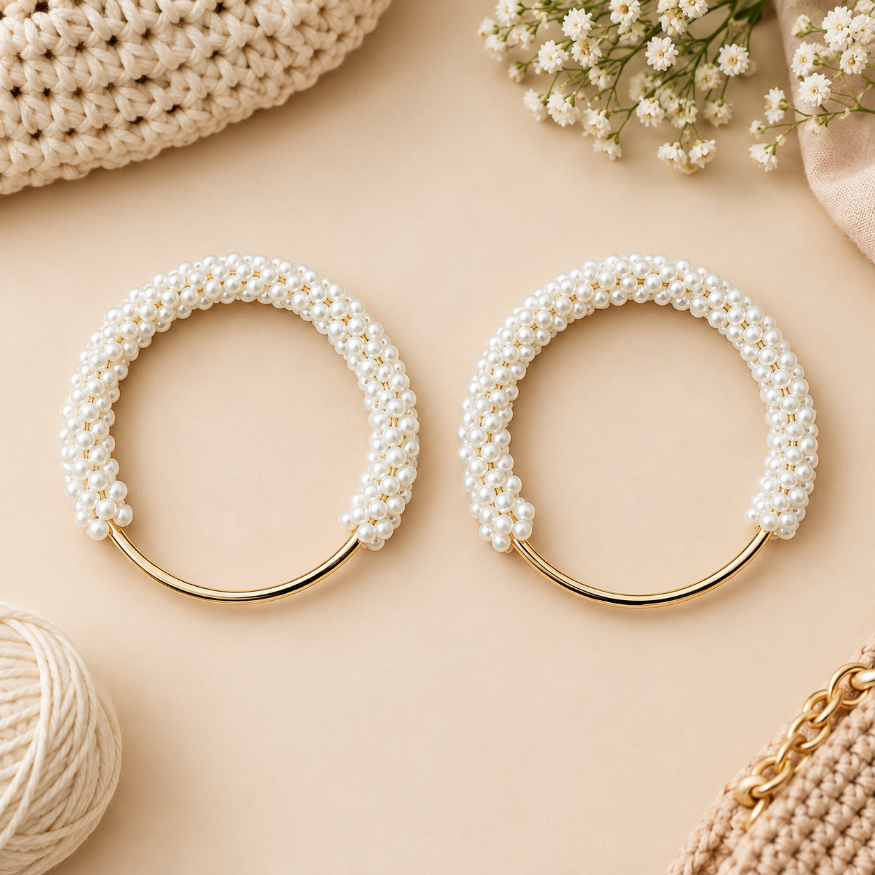 Elegant Pearl Beaded Metal Bag Handles – Gold Tone